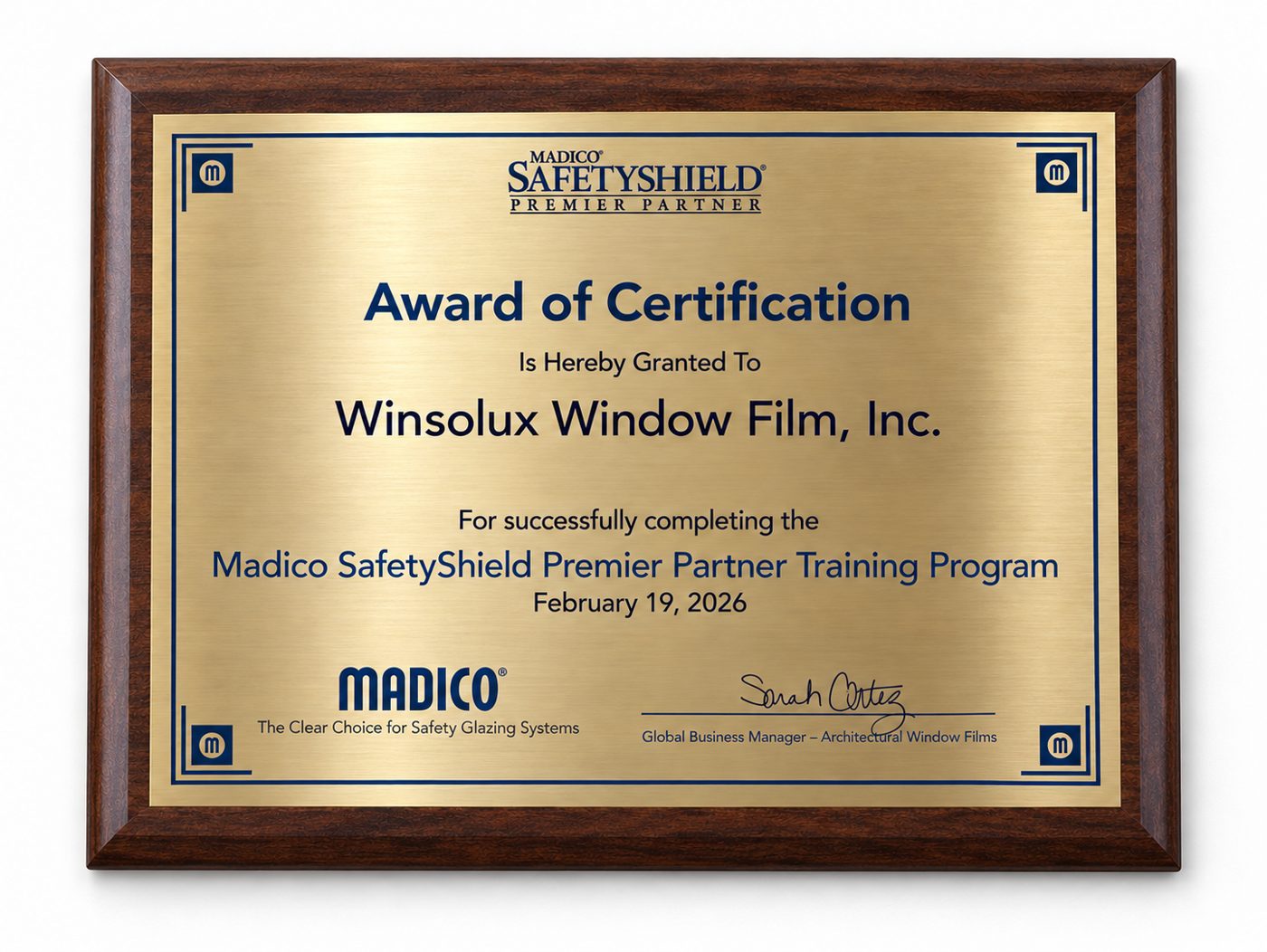 Madico SafetyShield Premier Partner Award of Certification granted to Winsolux Window Film, Inc., February 19, 2026